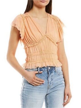 Peach Mm Mm Mm Women's Size
Medium Short Sleeve Ruffle Mesh
Smocked Top
